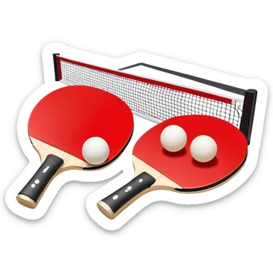 Two table tennis paddles and a ball placed on a ping pong table, with the net in the background. The scene conveys the simplicity and focus of the sport, with vibrant colors highlighting the rackets and ball on the smooth surface of the table. sticker