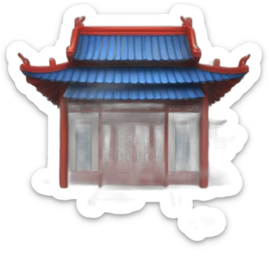 the front facade of a single-story Chinese-style building with a blue roof and red wooden structures sticker