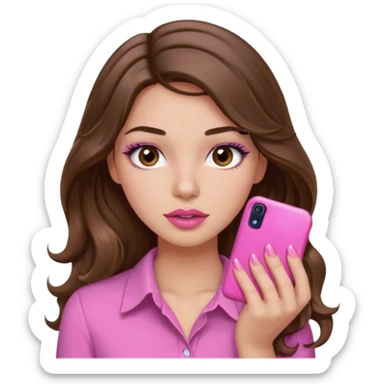 girl with long wavy brown hair, brown eyes, light to medium complexion, in a pink shirt, pink lips, long lashes, puckered lips, showing off a pink manicure sticker