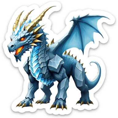 This extraordinary hybrid creature combines the elemental power of an ice dragon with the raw physical might of a stone golem. Its core body resembles a cluster of angular, faceted stones that have been infused with magical ice energy. The creature's head features a draconic shape with curved horns and piercing amber-gold eyes, but parts of its face retain the jagged stone texture. Blue-white energy flows between the rock segments, creating glowing lines throughout its body. The creature has developed partial wings made of crystalline ice formations extending from its rocky frame, and its tail alternates between stone segments and ice spikes. Sharp teeth line its mouth, some appearing as polished stone, others as ice crystals. Frost continuously emanates from its body, and when it moves, it creates a distinctive sound of grinding stone and crackling ice. full body sticker