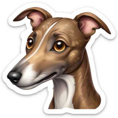 Cinematic Cute Brindle Greyhound Portrait Emoji, Head tilted playfully and inquisitively, featuring a sleek brindle Fur with subtle variations and round, sparkling eyes filled with curiosity, Simplified yet irresistibly adorable features, highly detailed, glowing with a warm, friendly glow, high shine, affectionate and nimble, stylized with a touch of whimsy, bright and endearing, soft glowing outline, capturing the essence of a mischievous yet loving companion, so playful it feels like it could sprint out of the screen and into your arms! sticker