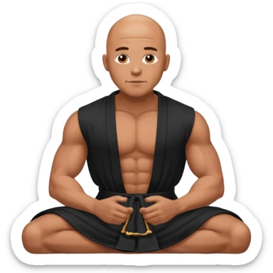 fullbody jacked bald guy, sleeveless and unbuttoned in full black robe sitting sticker