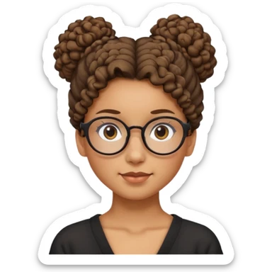 un chica con pelo rizado el peinadpo: un recogido osea todo el pelo recogido menos dos mechones alante que le llega hasta el cuello. luego pil un poco morena ojos marrones y tiene gafas negras y son exagonales pero un poco redondeadas.  sticker