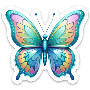 Pastel sparkly cyan glittery iridescent rainbow transparent butterfly with detailed intricate patterns sticker