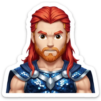 Thor, God of Thunder from Gods and Goddesses with long red hair, dark blue and silver sequin outfit sticker