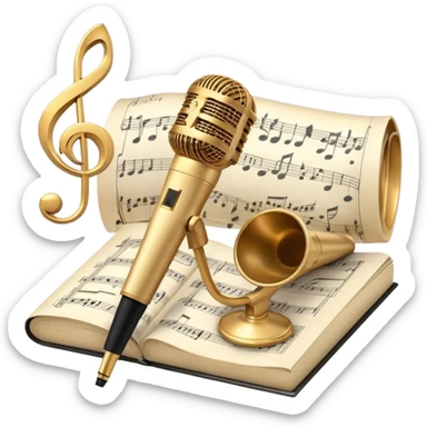 Create an elegant and refined emoji that represents classical or academic vocal performance. The design should feature a microphone, sheet music with musical notes, and a treble clef to symbolize the vocal artistry and music theory behind academic singing. Add subtle elements like a vocal warm-up chart or a grand piano to reflect the classical training. Use classic colors like gold, silver, and deep blue to emphasize sophistication and professionalism. The background should be transparent. sticker