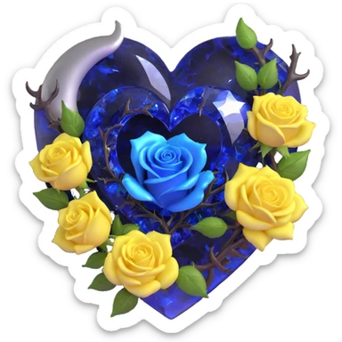 gothic heart made of smoky quartz glass, silver crescent moon, deep blue roses, holographic stardust, neon yellow lightning, wet and cracked glass sticker
