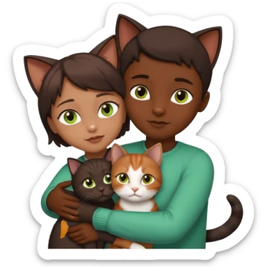 Crea un emoji donde salga un chico moreno con los ojos claros, una chica morena con los ojos marrones y SOLO UN gato europeo comun de pelaje oscuro y ojos verde claro, quiero que se esten abrazando y el gato este en el medio del chico y la chica sticker