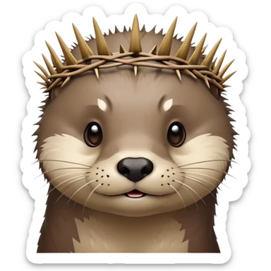 really cute confused otter face with simple thorny stem wrapped horizontally around its forehead like Jesus Christ's Crown of thorns, no crown shape on top, just thin spiky branches circling the forehead sticker