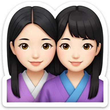 Two cute Japanese girls with straight black hair and East Asian features, faces pressed together cheek to cheek, smiling happily sticker