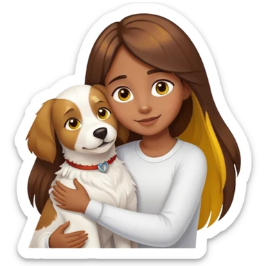 A girl with long brown hair with yellow highlights, big eyes and slightly dark skin happily hugs a white dog tightly sticker