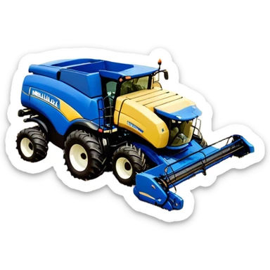New Holland Roll-Belt 560 (2018) – Cinematic-realistic New Holland Roll-Belt 560 baler, its blue body steadily compressing golden hay into tight, round bales. The rhythmic motion of the machine continues as dust swirls in the afternoon heat, with rows of freshly cut grass stretching toward the horizon. sticker
