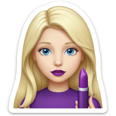 Girl, long blond hair, blue eyes, eggplant as lipstick sticker