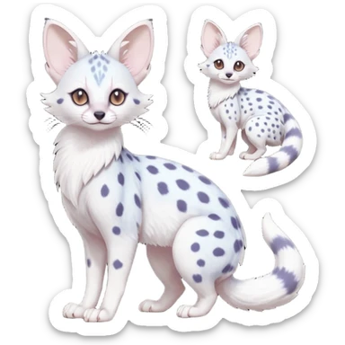 White Albino frosty snow-white whitish pastel-grey-spotted Serval-Civet-Genet-Trico-Furret-Linoone-Noibat-Espeon-Fakémon-Pokémon-animal-hybrid-fusion-creature (full body) with vibrant glowing eyes, cute, elegant, soft, realistic, pastel fur sticker