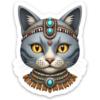 cat, wear tribal shaman cloth, half face robot sticker