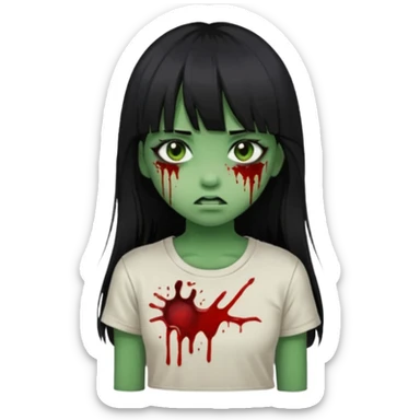 Garota de cabelo longo e preto com franja com a pele esverdeada e ferimentos expostos cobertos com sangue, usa uma camiseta branca rasgada e suja de poeira  sticker