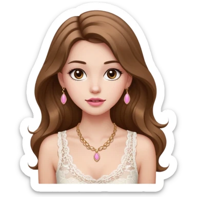 fair-skinned girl with dark brown, slim shaped eyes and long lashes. long, light brown hair styled in a voluminous, wavy blowout. wearing a delicate white lace tank top and a dainty gold necklace, plump pink lips. sticker