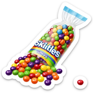 A vibrant rainbow-colored Skittles package with only bright green candies spilling out. The package is very colorful with red, orange, yellow, purple and blue, while all the candies are exclusively green. sticker