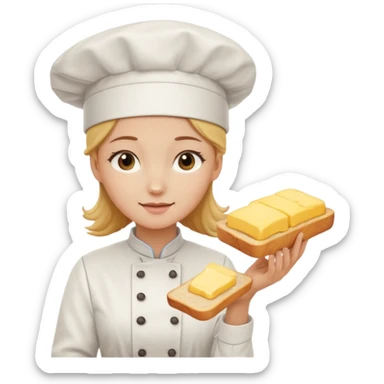 Young female baker - white chef hat, spreading butter on bread sticker