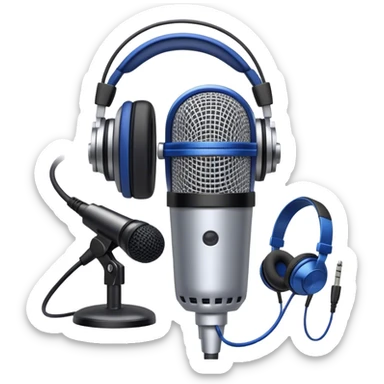Create a sleek and professional emoji that represents voice acting and dubbing equipment. The design should feature a high-quality microphone, a sound mixer or audio interface, and headphones to symbolize the recording and technical process. Include elements like a soundproof booth or audio cables to reflect the studio environment. Use a modern, clean design with colors like silver, black, and dark blue to represent the professional side of voice acting. The background should be transparent. sticker