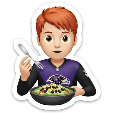 a red-haired boy wearing a ravens jersey and eating a chipotle burrito bowl sticker