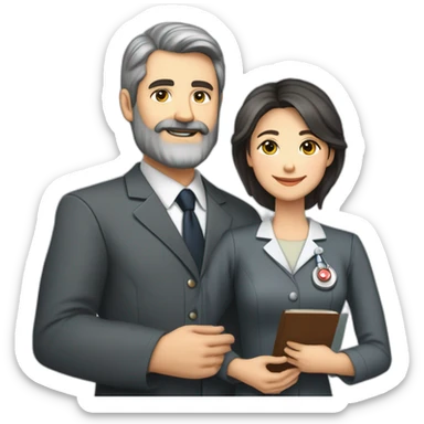 husband executive caucasian middle age dark gray hair trimmed beard business suit and open bible, with wife asian age 55 dark hair nurse uniform, no children sticker