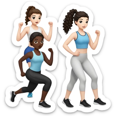 3 women exercising. The woman on the left has pale white skin and curly brown hair in a ponytail. The woman in the middle has black skin and curly black hair. The woman on the right has pale white skin and straight, brown hair in a ponytail. sticker