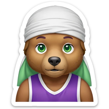 Stylish brown bear with green eyes wearing a white durag and purple and gold basketball jersey visible only to the shoulders, iOS emoji style sticker
