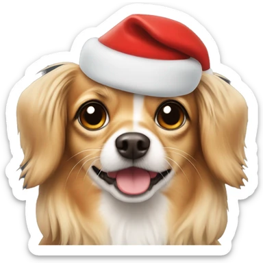 A dog that is a mix between a long haired chihuahua and a dachshund wearing a Santa hat sticker
