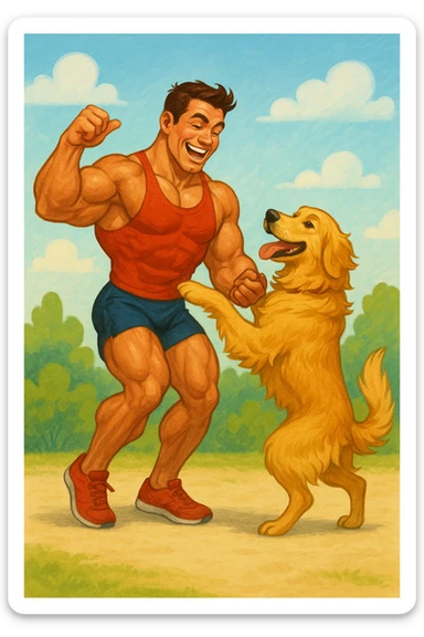Bodybuilder che balla con un golden retriever sticker