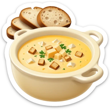 cheese soup with lard and garlic, and cubes of dry dark bread sticker