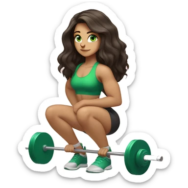 girl with long dark brown hair and green eyes squatting with a barbell sticker