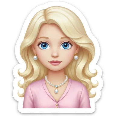 stylish girl emoji with long wavy platinum blonde hair, blue eyes, pale peachy-pink skin, pastel pink fancy outfit #f3c3cf, pearl hair clip, and gold jewelry sticker