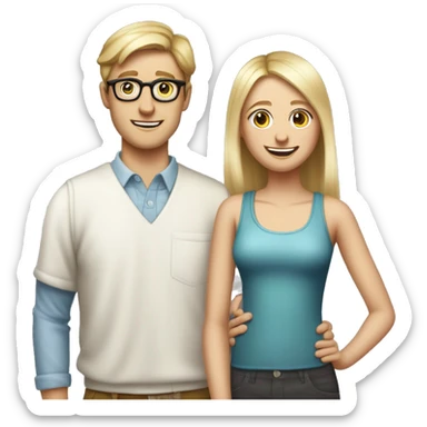 Create an iPhone-style emoji of a nerdy, skinny, white blond guy in his mid-20s with glasses and braces, standing behind his shorter adopted sister, hands on her shoulders, smiling menacingly at her. sticker