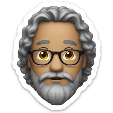 man with a beard and long dark curly hair, with square, red glasses and slightly gray beard sticker