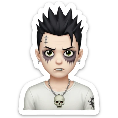 zombie boy with spiky emo black hair and white shirt , tattos, a risk on the eyebrow, earings,  a necklace emoji  sticker