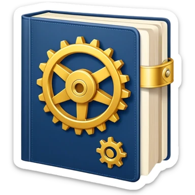 Un libro azul navy con detalles dorados, bordes metálicos y un gear dorado con una flecha ascendente como productividad en la portada, irradiando productividad, estrategia y éxito en movimiento sticker