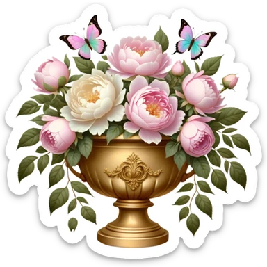 An antique-inspired floral arrangement in an opulent golden urn, overflowing with soft pink roses and voluminous white peonies, with iridescent pearl butterflies delicately fluttering around the petals, set against an aged parchment background. sticker