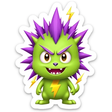 silly and furry monster in a flat art style with no shading. The monster should have a playful, cartoonish expression, with a green furry body, purple spiky hair, and small stitches on its forehead, resembling a Frankenstein-solana-inspired creature. Include small bolts on the sides of its head with tiny yellow lightning sparks for a quirky touch. The design should be simple, bold, and colorful, with clean lines and a light gray background to make the monster pop sticker