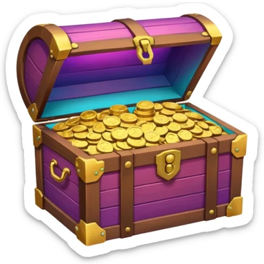 wooden brown treasure chest filled with coins pack in gradient of turquoise, blue, pink, purple, and coral sticker