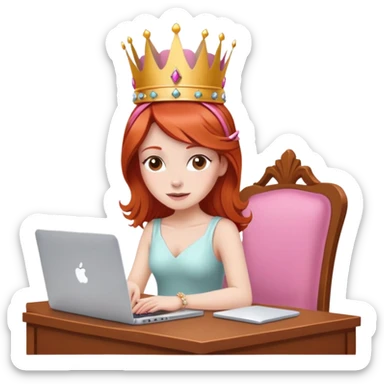 Redhead with crown on her head sat at the desk with MacBook and pink chair  sticker
