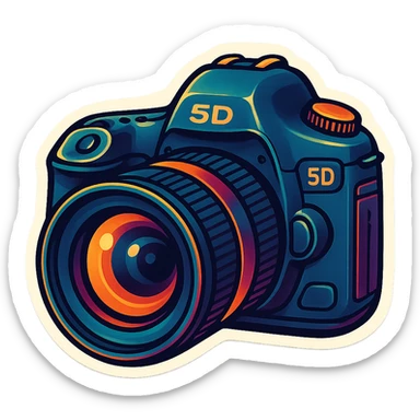 retro sticker style illustration of a DSLR camera with a large lens, inspired by Canon 5D Mark III, front angle, bold outlines, juicy colors, expressive shadows and highlights, playful and dimensional sticker