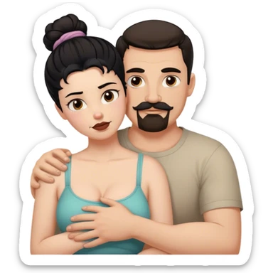 Tall strong white man with brown mustache goatee hugging a chubby short pale woman with messy black hair bun sticker