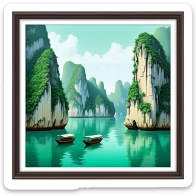 Cinematic Realistic Ha Long Bay Landscape Emoji, depicted with limestone karsts emerging from emerald waters rendered with intricate detail and dynamic natural lighting. sticker