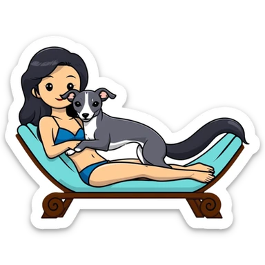 Very thin Chinese woman with long black hair relaxing on a spa lounger with exactly ONE Italian greyhound. CRITICAL REQUIREMENT: the dog must be ONE SOLID VERY DARK CHARCOAL GREY (almost black-grey) COLOR from nose to tail with NO WHITE or LIGHT AREAS anywhere - NO white face, NO white muzzle, NO white chest, NO white paws, NO white tail tip - NOTHING BUT A SINGLE SHADE OF VERY DARK GREY throughout the entire animal sticker