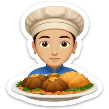 Uzbek cuisine humanless avatar in bright illustration. Classic dishes like plov and samsa, warm golden and earthy tones, simple shapes, flat design, high contrast, friendly and appetizing. sticker