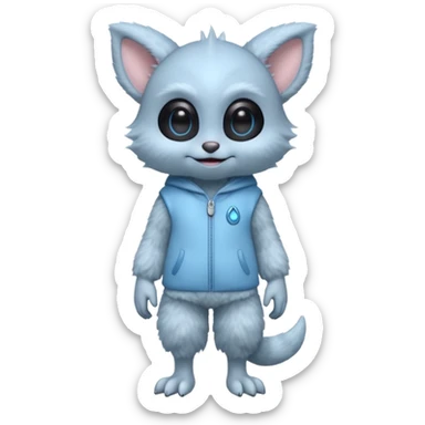 full body ...cute peacefull alien furry with 2 legs ....it has 1 eye....stands upright and looks intelligent ...wears clothing. is light grey and light blue..looks happy and cuddly... doesnt have eyes on face, there is a appendage coming from top of head with a single large eye sticker