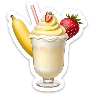 Milkshake vanilla with a banana sticking out of the milk shake it and two strawberries on both sides of the banana at the very tip of the banana, whipped cream and a smiley face one big banana coming out of milk shake sticker