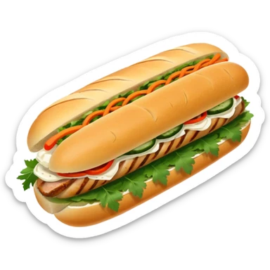 traditional banh mi with char grilled pork emoji 


    Very crusty baguette

    Mayo 

    Pickled carrot 

    Cucumber, coriander/cilantro, green onion, chilli 
 sticker