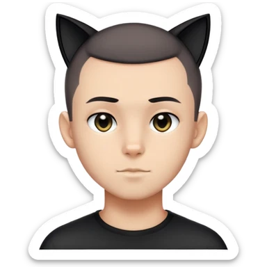 A boy with black buzzcut haircut and black eyes and light beard with normal skin color with black cat ears sticker